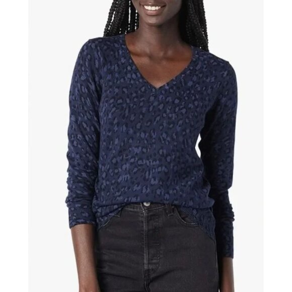 Amazon Essentials XL Navy Blue Leopard Print Sweater V Neck Long Sleeve Pullover - Picture 8 of 12